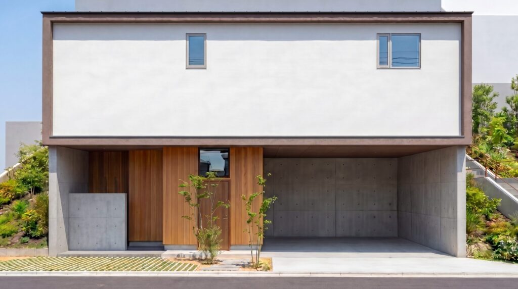Front view of a modern house with a white stucco wall brown framing and a wooden entry door concrete base and greenery nearby 神戸市の注文住宅