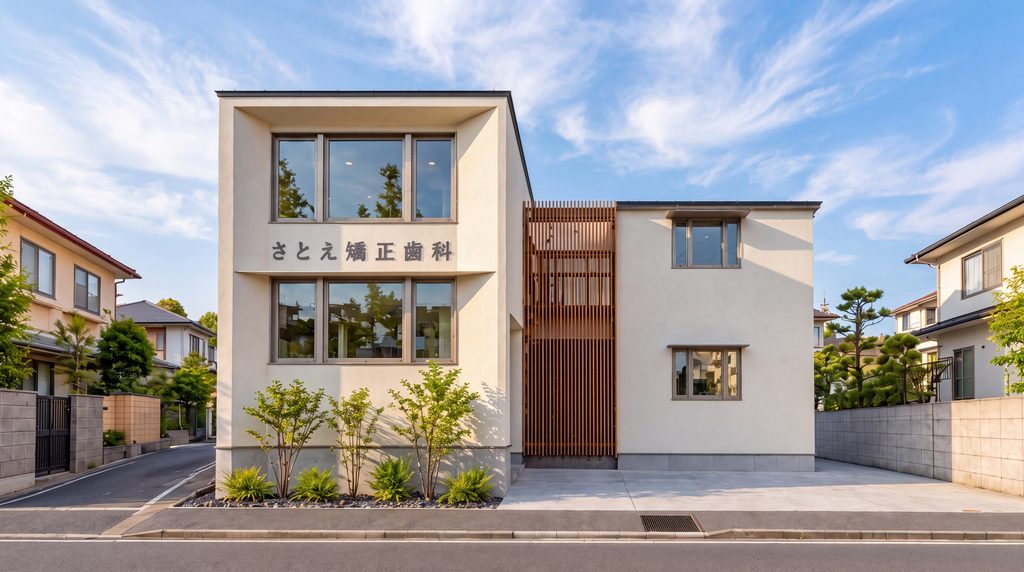 Modern white two story building with large front windows Japanese sign on facade reads さとえ矯正歯科 and a wooden lattice feature separates sections 神戸市の注文住宅